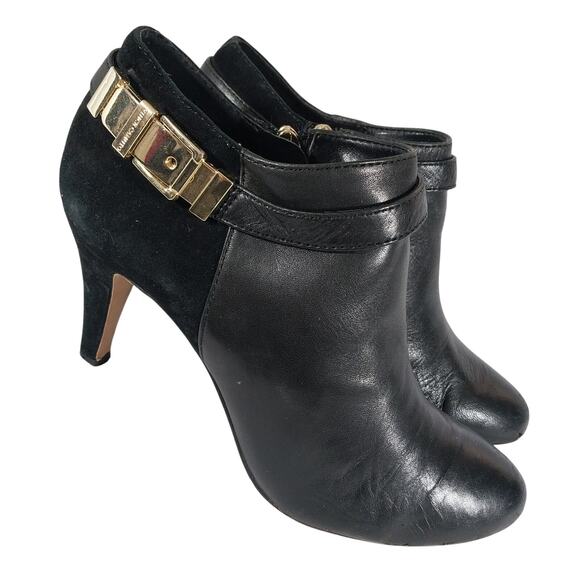 VINCE CAMUTO! VANNY BLACK GENUINE LEATHER & SUEDE GOLD BUCKLE BOOTS! SZ 7M - Picture 1 of 9